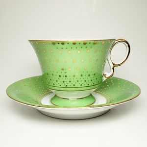 Vintage Shafford Japan Green and Gold Teacup and Saucer with Dark Pink Rose